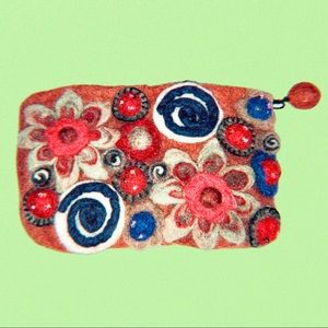 Reddish Orange “Riding Tide” Floral Felt/Wool Clutch Bag (7” X 5”)